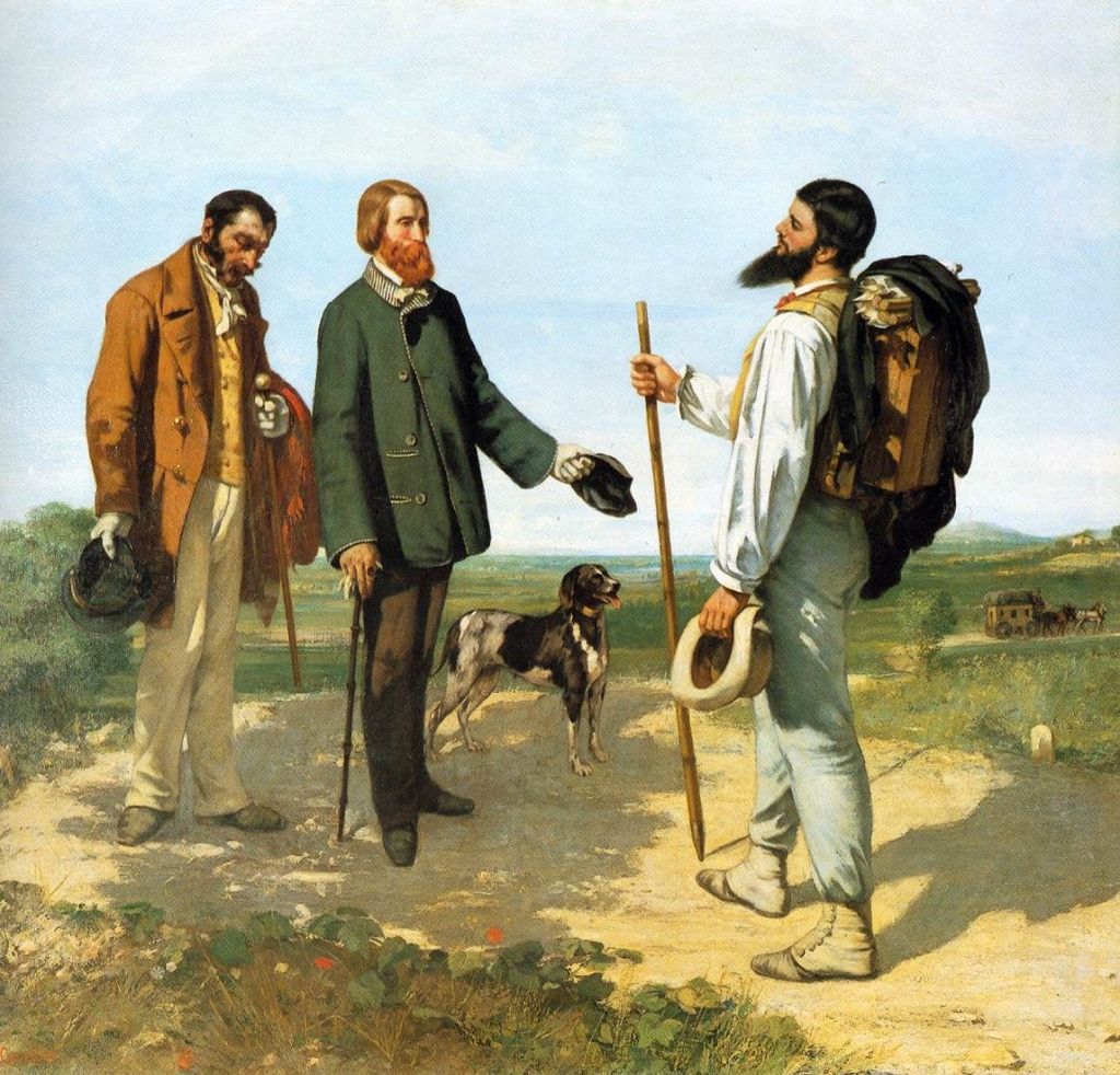 A painting depicting three men in period clothing engaged in conversation, with a dog standing beside them in a natural landscape.
