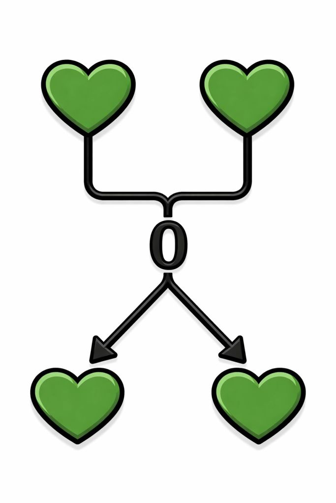 An illustration showing two green hearts at the top connected by a line to a '0' in the center, with two more green hearts at the bottom branching off from the '0'.