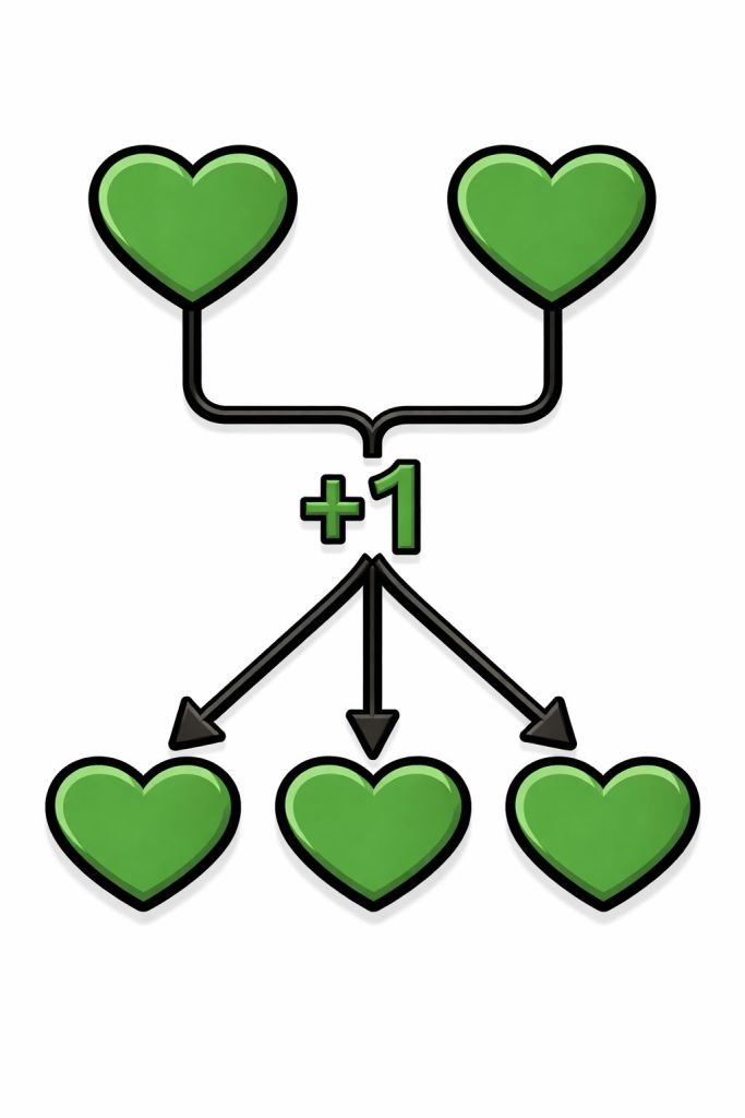 Graphic illustration showing two green hearts connected with a line leading to three green hearts below, with a '+1' symbol indicating addition or growth.