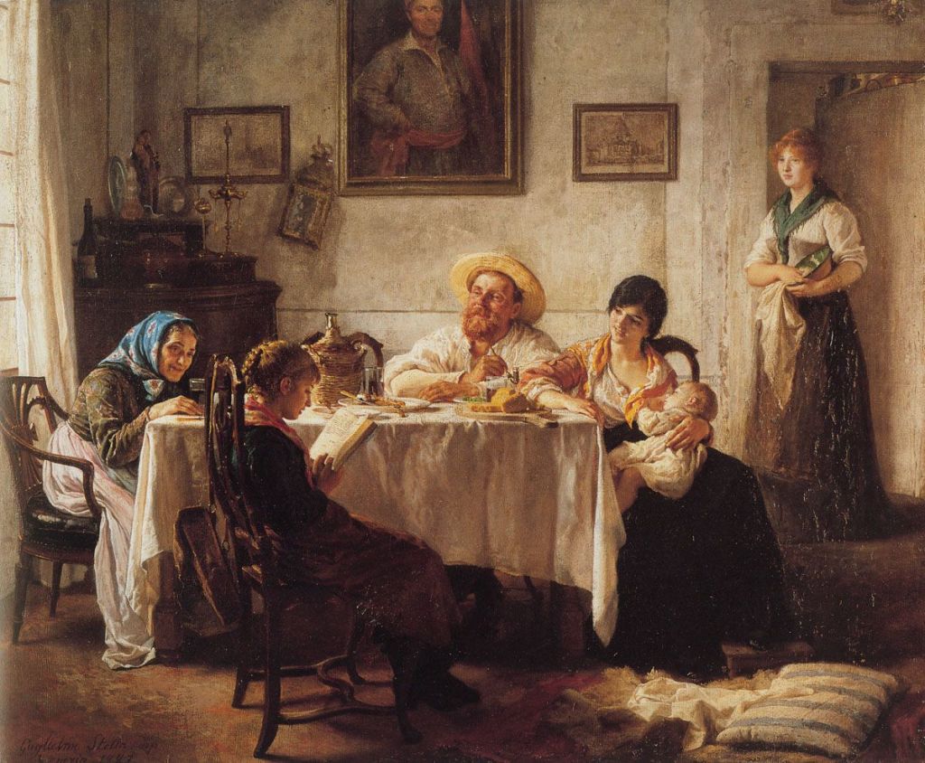A family gathered around a dining table, with a man, woman, child, and elderly lady. One woman is holding a baby, and a girl is reading a book. The setting includes a rustic interior with notable details like a portrait on the wall.
