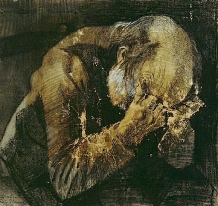 A somber figure of an elderly man seated and holding his head in his hands, expressing deep sorrow or contemplation.
