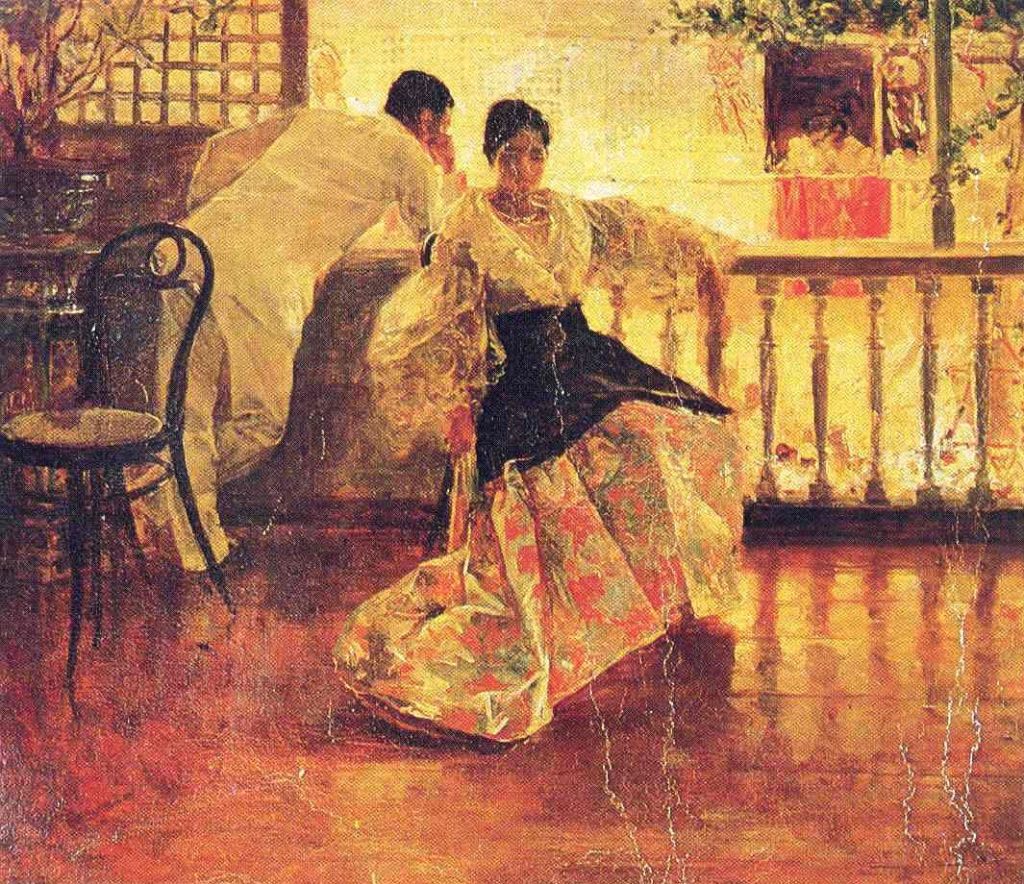 A man in white attire leans over a railing while a woman in a traditional outfit sits elegantly, reflecting a moment of connection and contemplation.