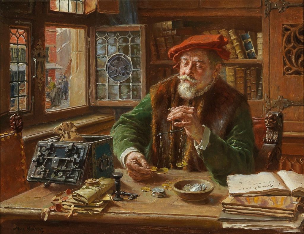 An elderly man in a green robe and red hat is seated at a wooden table, counting coins and holding a pair of scales. Shelves filled with books are visible in the background, along with a window showing a distant street scene.