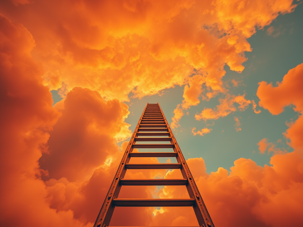 A metal ladder extending upward into a dramatic sky filled with orange and blue clouds.