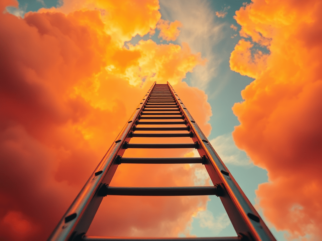 A perspective view of a straight ladder stretching upward into a vibrant sky filled with orange and yellow clouds.