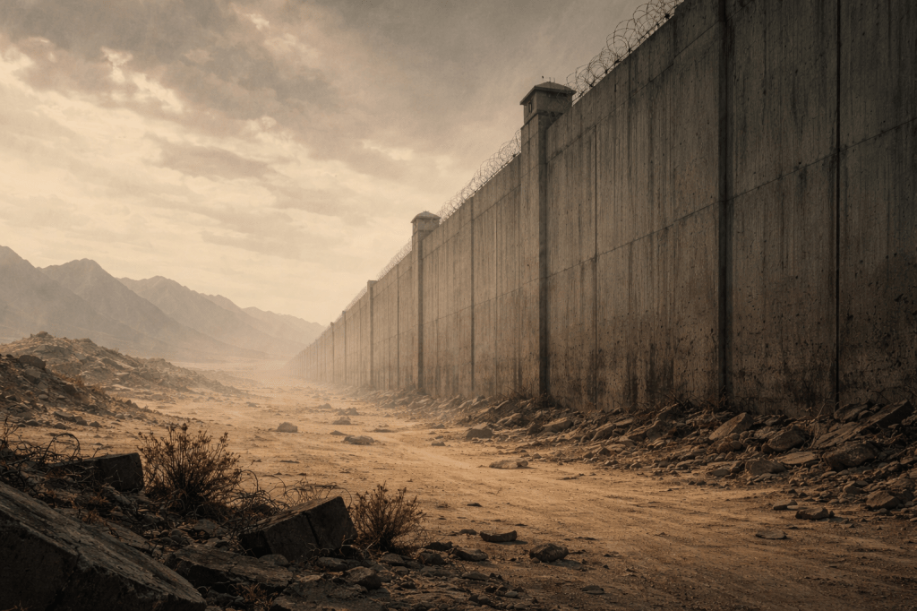 A barren landscape featuring a tall concrete wall topped with barbed wire, surrounded by rocky terrain and mountains in the background under a cloudy sky.