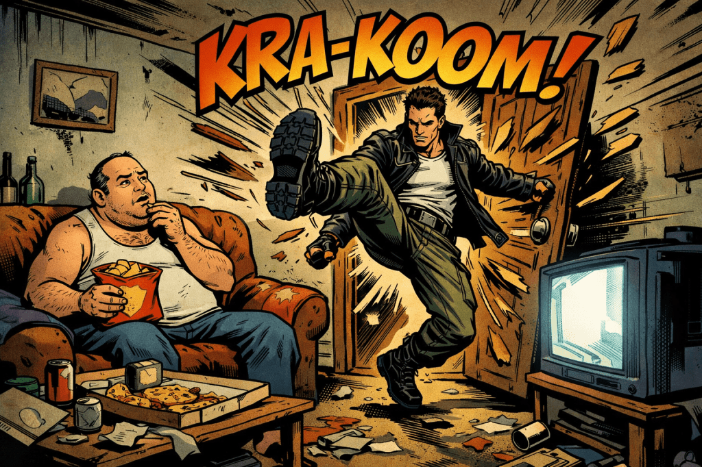 A muscular man in a black jacket kicks open a door with the word 'KRA-KOOM!' in bold, comic style. Inside the room, a heavyset man in a tank top sits on a couch holding a container of fries, looking surprised. The room is cluttered with food, drinks, and a vintage television.