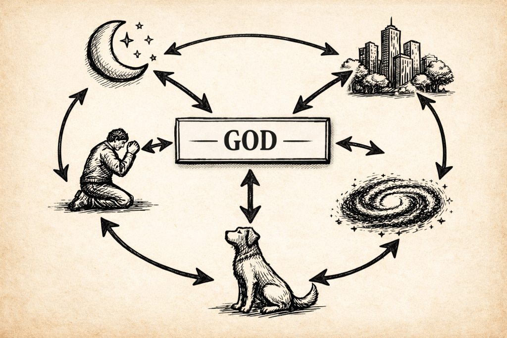 Illustration depicting a circular flow connecting a person praying, a dog, a city skyline, the moon, and a galaxy, with the word 'GOD' at the center.