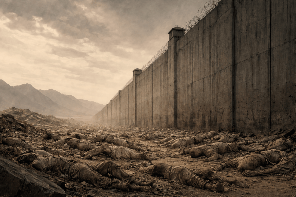 Scene depicting a barren landscape with a tall concrete wall and barbed wire. The ground is littered with numerous lifeless bodies, set against a backdrop of mountains under a cloudy sky.