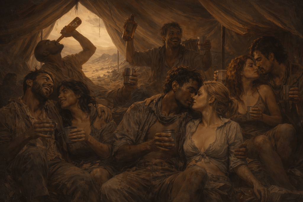 A group of six people in a tent, enjoying drinks and sharing intimate moments, with a warm and earthy color palette.