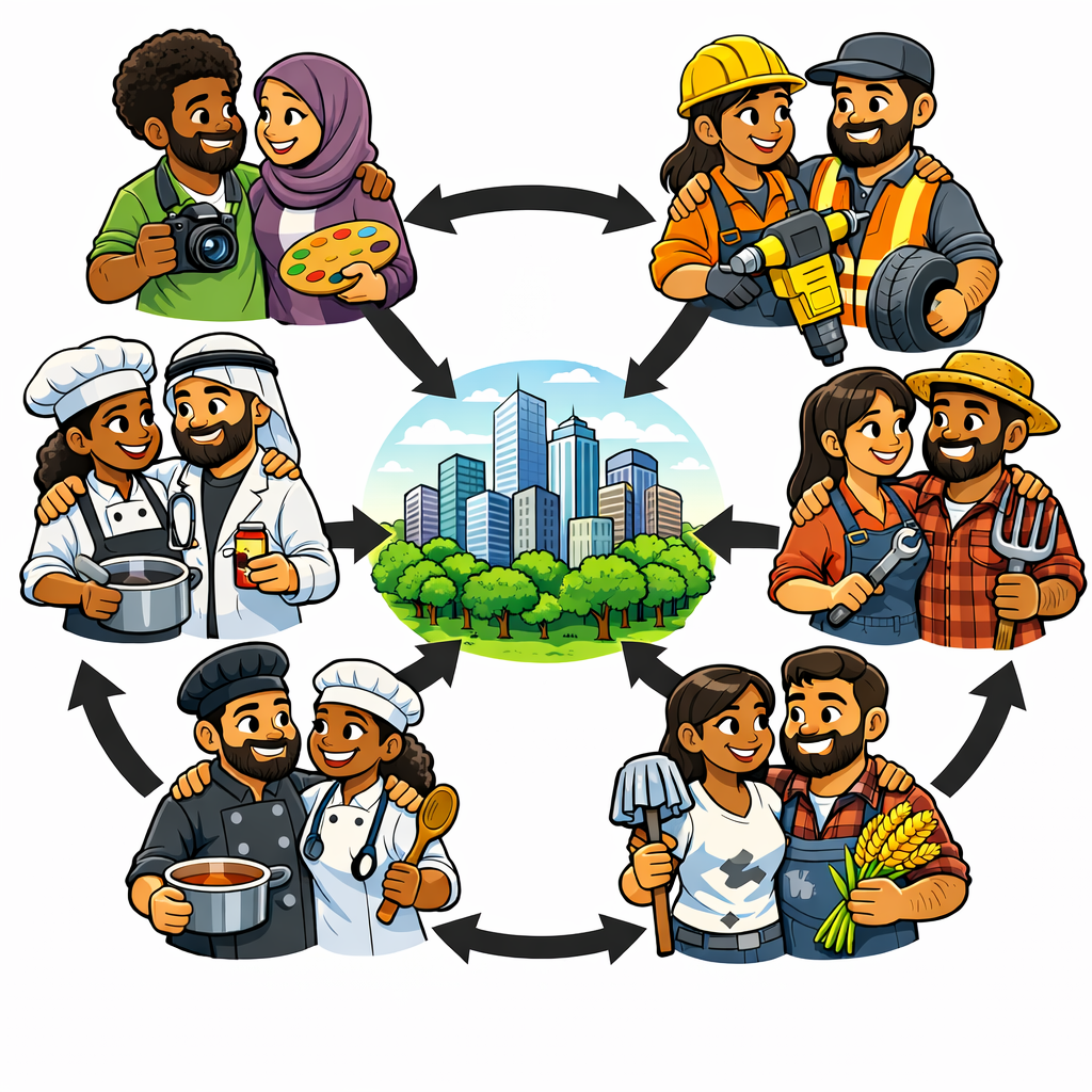 Illustration of diverse people in various professions including photography, cooking, construction, and farming, interconnected with arrows and a cityscape in the center.