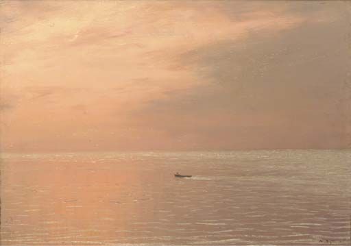 A serene seascape at dusk featuring soft pastel colors in the sky and water, with a small boat gliding across the calm surface.