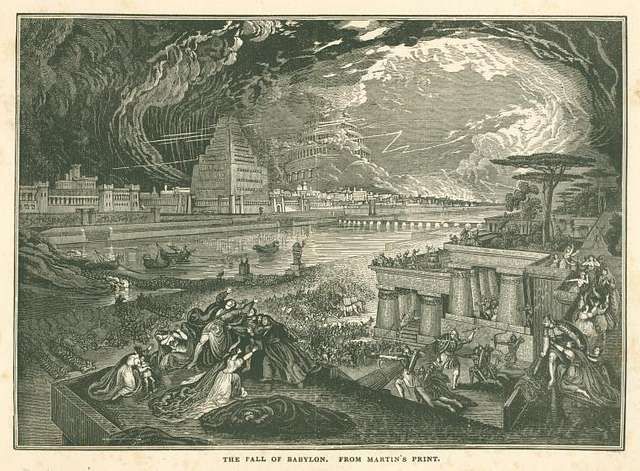 An illustration depicting the fall of Babylon, featuring dramatic skies and chaotic scenes with figures, structures, and water in the foreground.