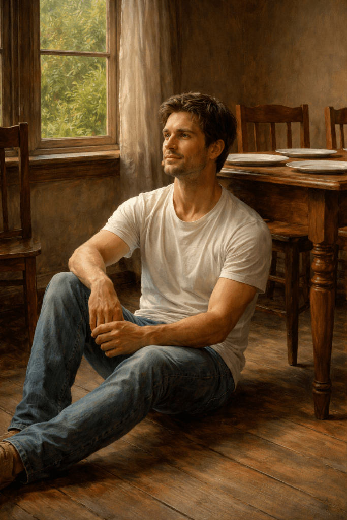 A young man sitting on the floor of a rustic room, wearing a plain white t-shirt and jeans, looking thoughtfully out a window. Wooden chairs and a table are visible in the background.