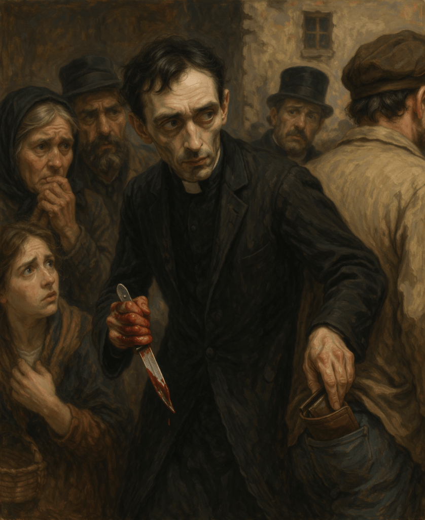 A tense scene depicting a man in a black coat holding a bloodied knife, surrounded by a fearful crowd, including a woman and a child looking distressed.