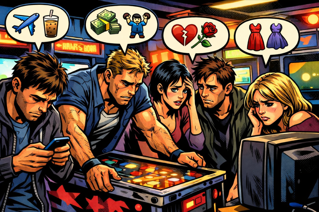 A group of five people gathered around a pinball machine, looking concerned and thoughtful. Speech bubbles above them feature icons of travel, money, exercise, a broken heart, a rose, and dresses, representing various struggles and emotions.