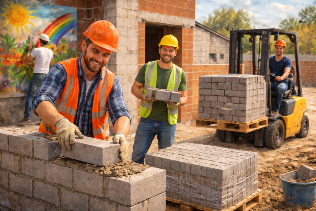 Construction workers stacking bricks at a building site, with one worker using a forklift to transport materials and a mural of flowers and a rainbow in the background.