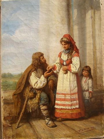 A historical painting depicting a bearded man in rustic clothing sitting on a wooden deck, receiving something from a woman dressed in traditional attire, with a child standing beside her, all set against a pastoral background.