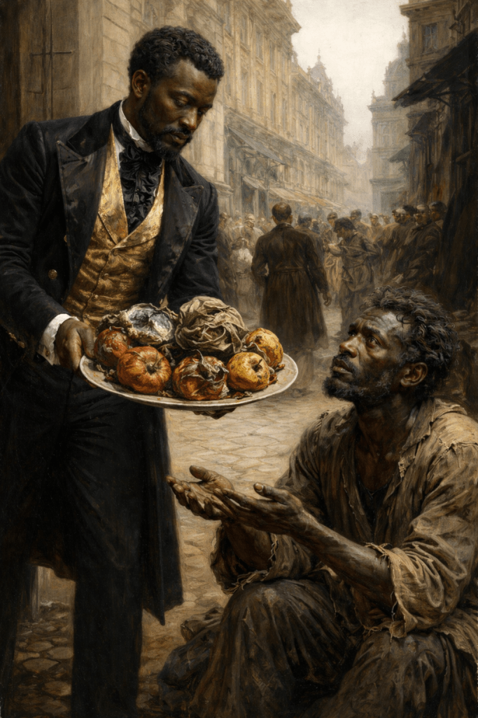 A well-dressed man offers a plate of food to a dirty, impoverished man sitting on the ground, set in a bustling street with people in the background.