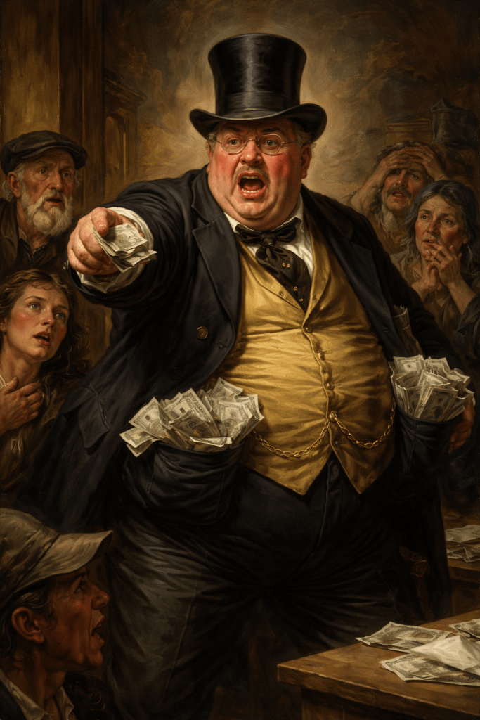 A robust man in a top hat and formal attire, passionately gesturing with a handful of money. He has a shocked expression, while a crowd of onlookers, including men and women, displays various emotional reactions in the background.