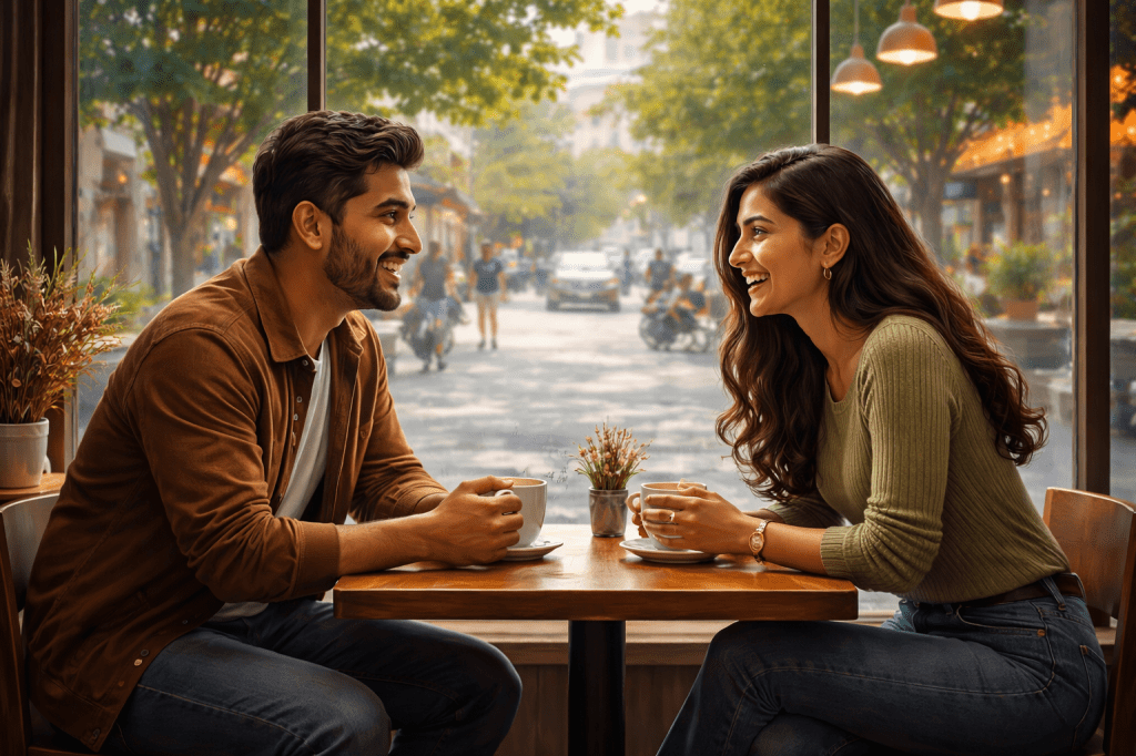 A young couple sitting at a cafe table, smiling and enjoying coffee together, with a view of a bustling street outside.