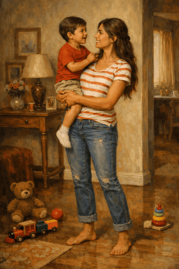 A mother holding her smiling young son in a cozy living room setting, with a teddy bear and colorful toys in the foreground.