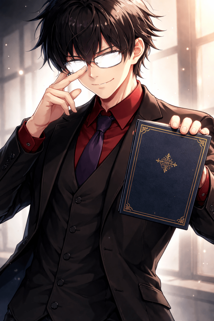 A stylish young man in a black suit and glasses holds a dark blue book, smiling confidently while adjusting his glasses. He stands in a well-lit room with a soft, blurred background.