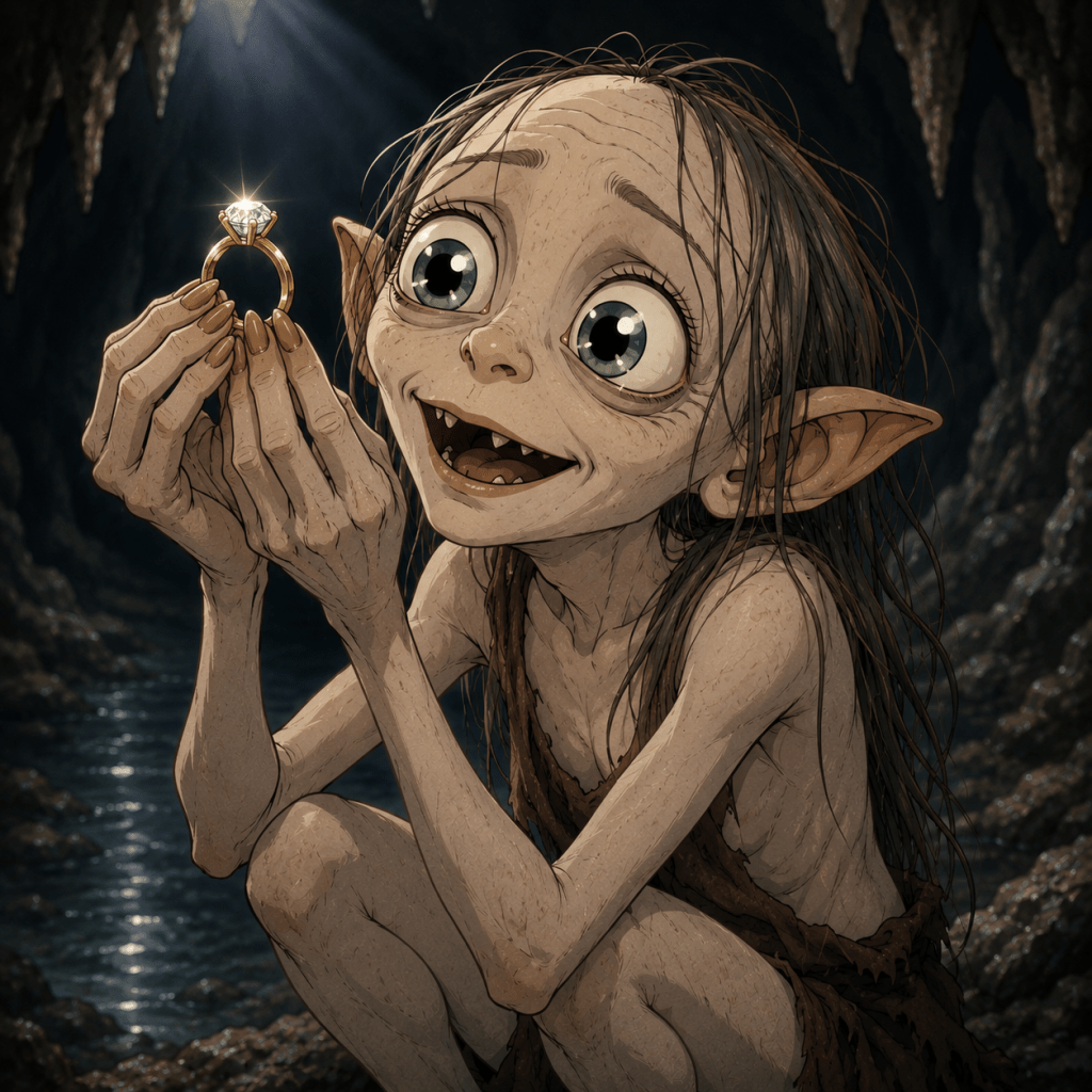 A creature with large eyes and pointed ears excitedly holds a diamond ring, sitting in a dimly lit cave.