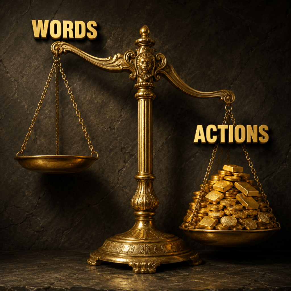 A golden balance scale comparing 'Words' on one side and 'Actions' with a pile of coins on the other side, set against a dark stone background.