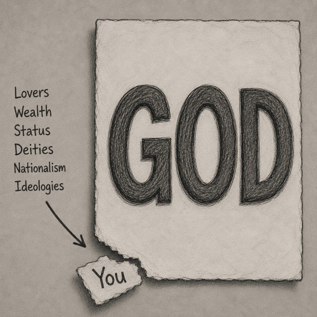 Illustration featuring the word 'GOD' in bold letters, with arrows pointing to various influences like 'Lovers', 'Wealth', 'Status', 'Deities', 'Nationalism', and 'Ideologies', with 'You' emphasized at the bottom.