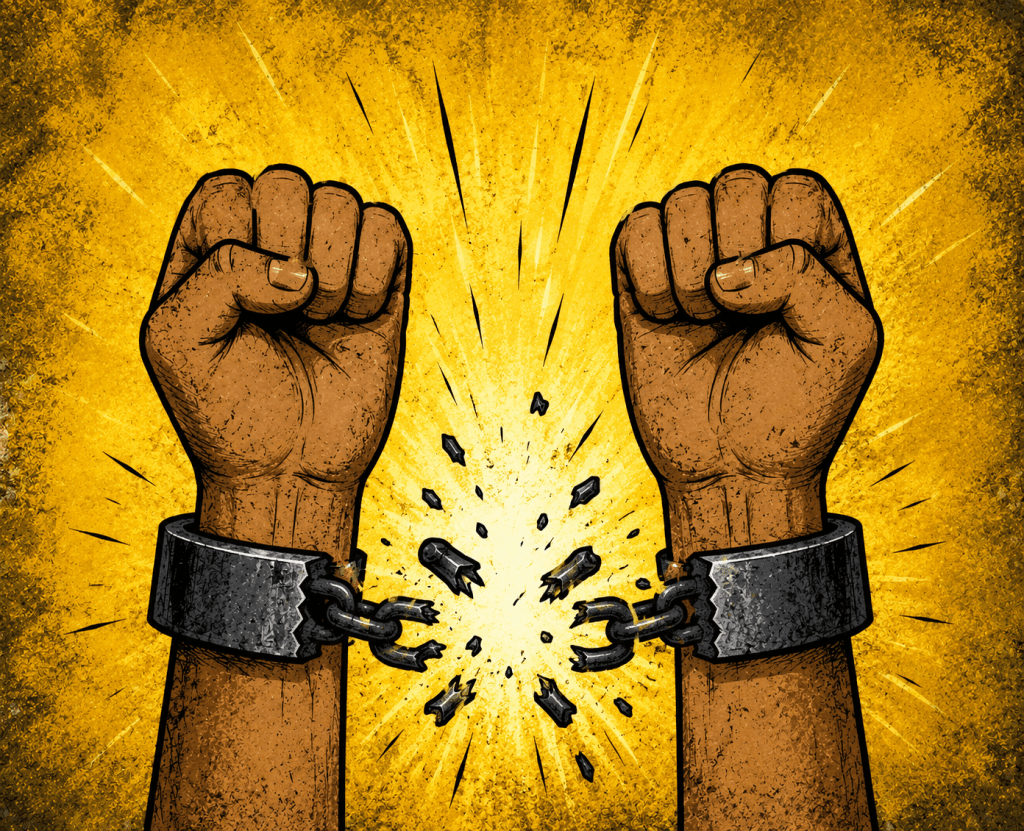 Two raised fists breaking free from chains against a bright yellow background, symbolizing freedom and empowerment.