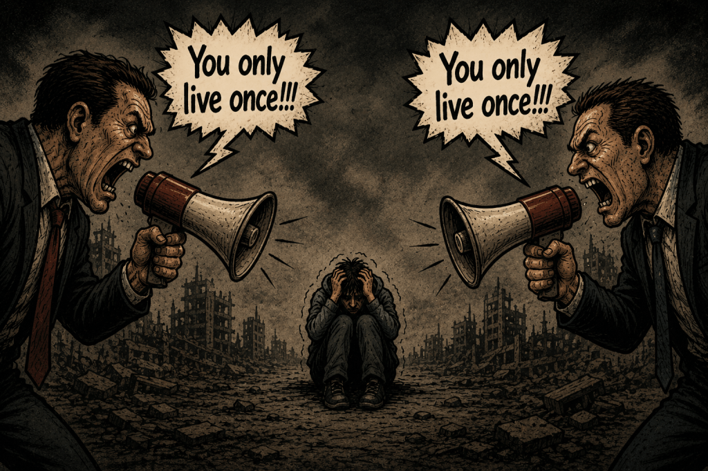 A dramatic illustration depicting two angry men in suits shouting into megaphones with the phrase 'You only live once!!!' while a distressed person sits on the ground, covering their ears, in a devastated urban landscape.